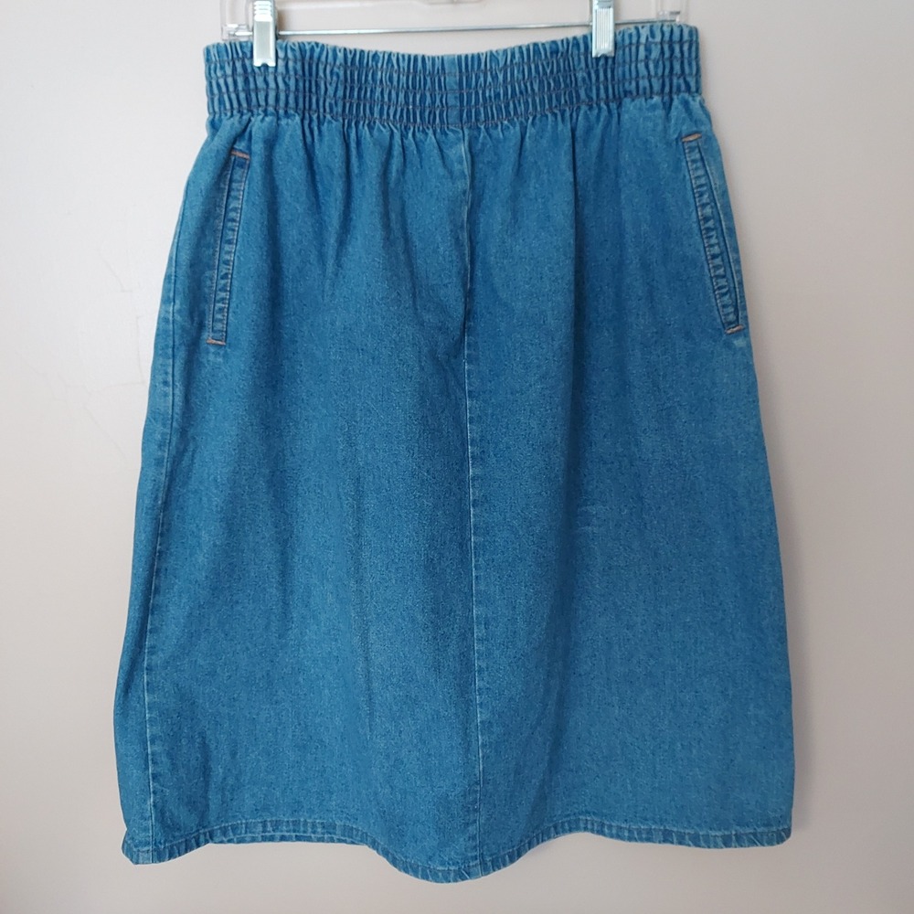 Vtg Cabin‎ Creek Denim Blue Jean Midi Skirt Elastic Waist Pockets 14 Cottagecore